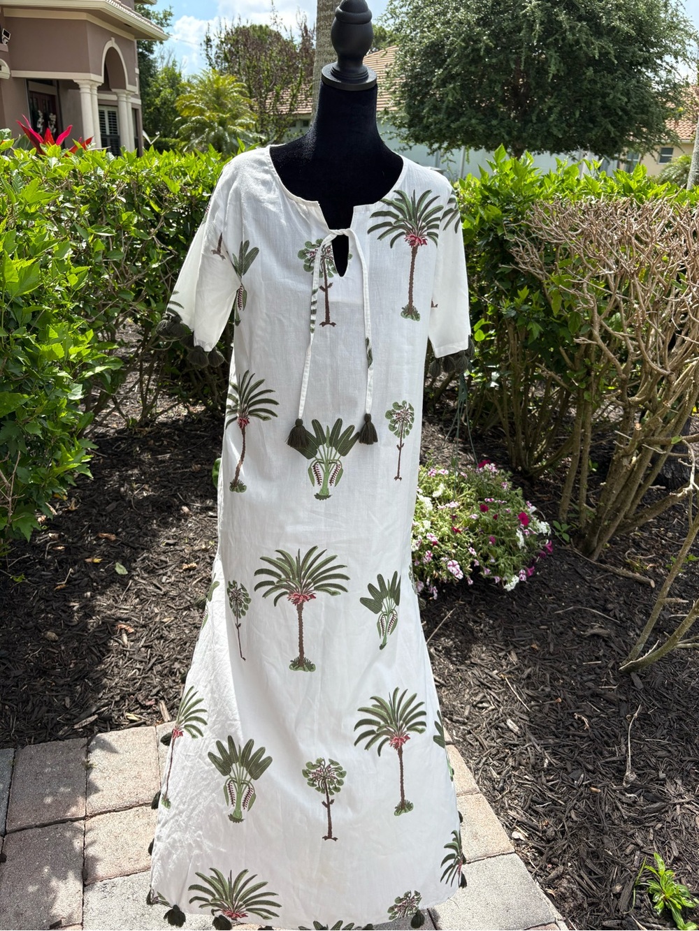 La Plage, White Palm-Print Cotton Kaftan - Women's